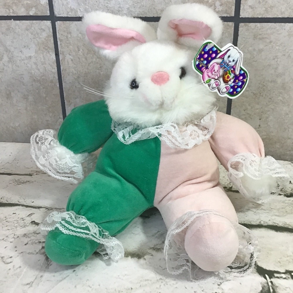 Vintage‎ 80's 90's Kellytoy Plush Bunny Rabbit Green Pink Lace